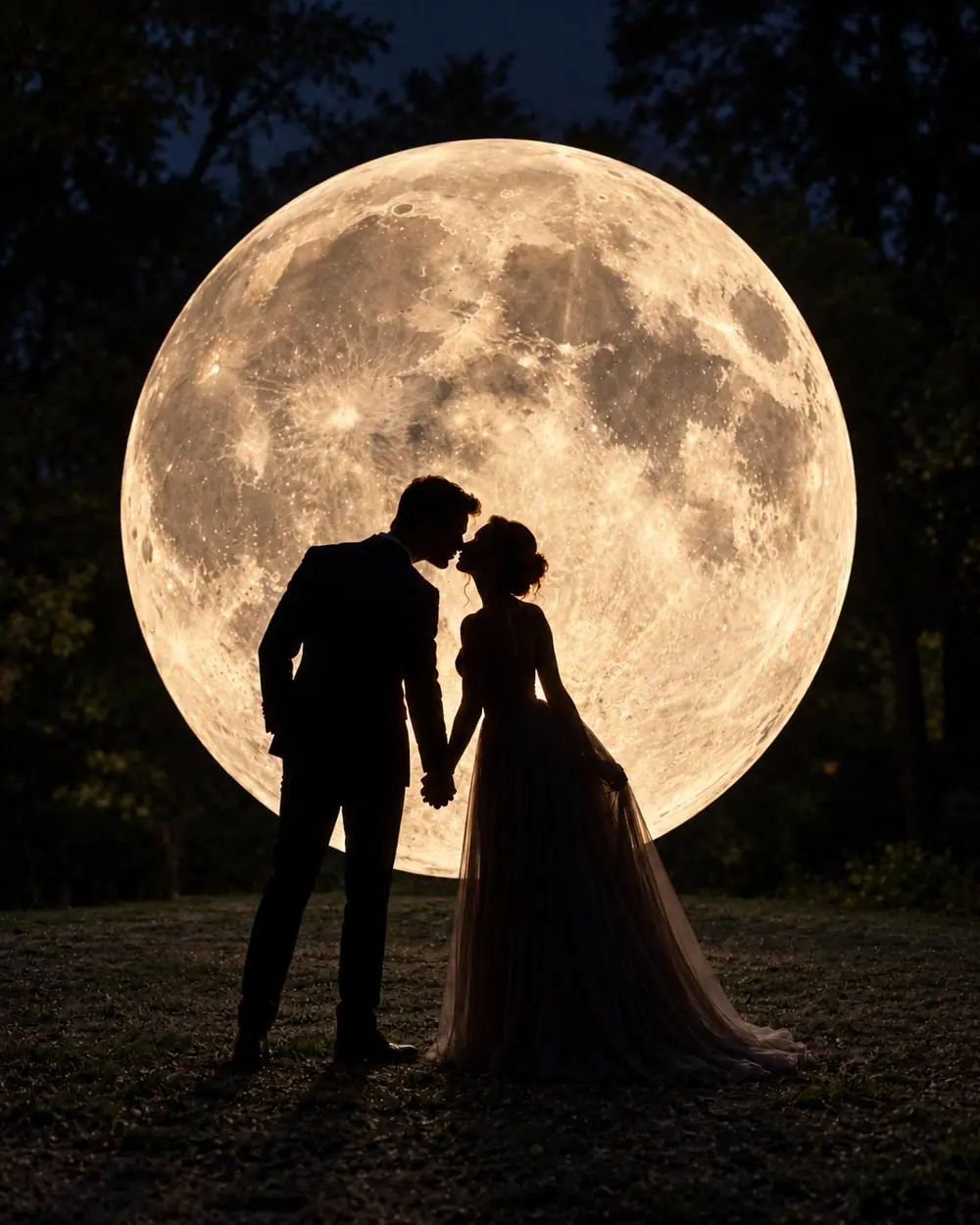 Lune gonflable géante éclairée la nuit derrière un couple de mariés