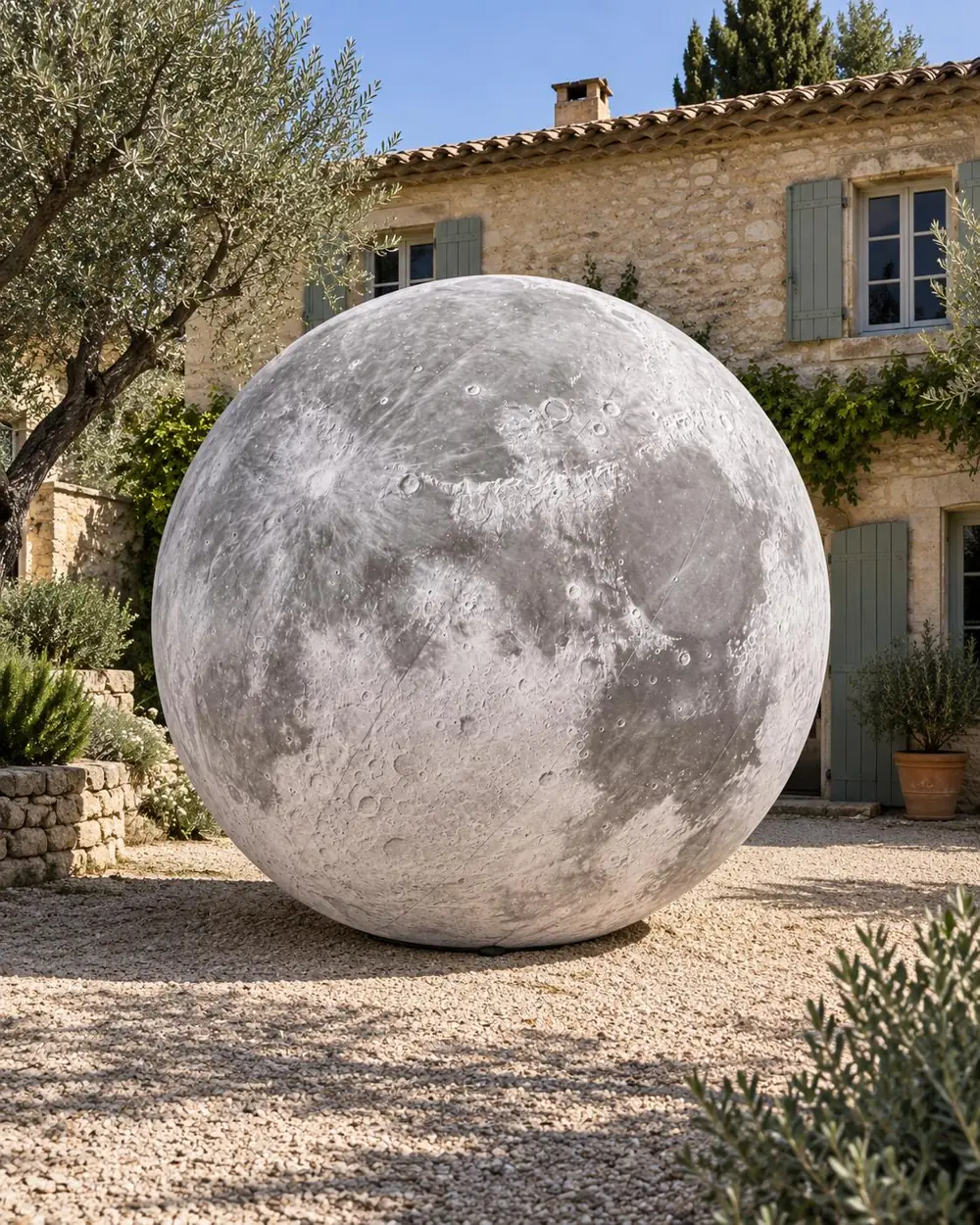 Lune gonflable de 4 m posée sur le gravier d'un mas provençal